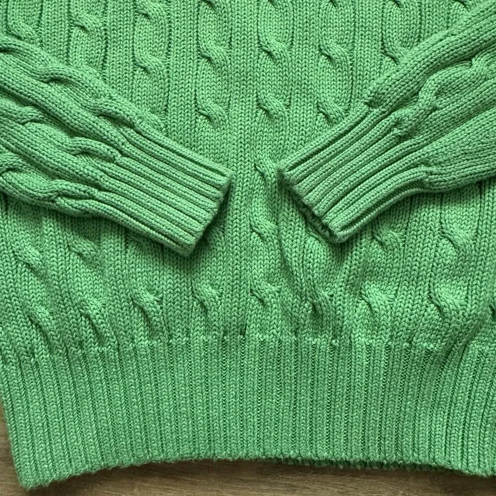 Ralph Lauren Sport Cable Knit Sweater Size M Green V Neck Pink Pony Logo